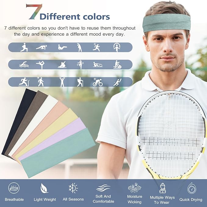 Headbands for Women Non Slip - 7PCS Fashion Sports Hair Bands for Women's Hair, Soft Cotton Cloth Stretchy Headbands for Women for Workout Yoga Running