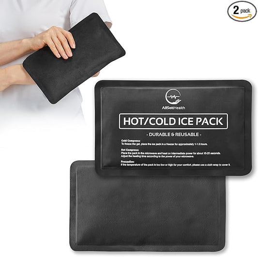 2 Pack Reusable Ice Packs for Injuries - Soft Ice Pack with Velvet Soft Fleece Fabric | Flexible Hot and Cold Gel Ice Pack Set- Cold Packs for Injuries, Knee, Back, Neck Pain - 10 x 6, Black