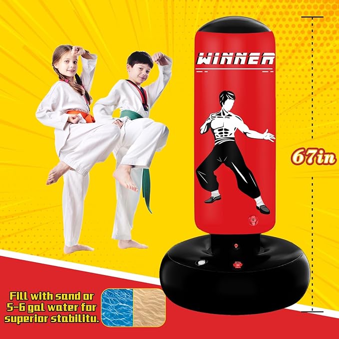 Kids Punching Bag, 67" Stable Inflatable Boxing Bag for Age 5-12, Ninja Karate Taekwondo Training Toy, Christmas Birthday Gift