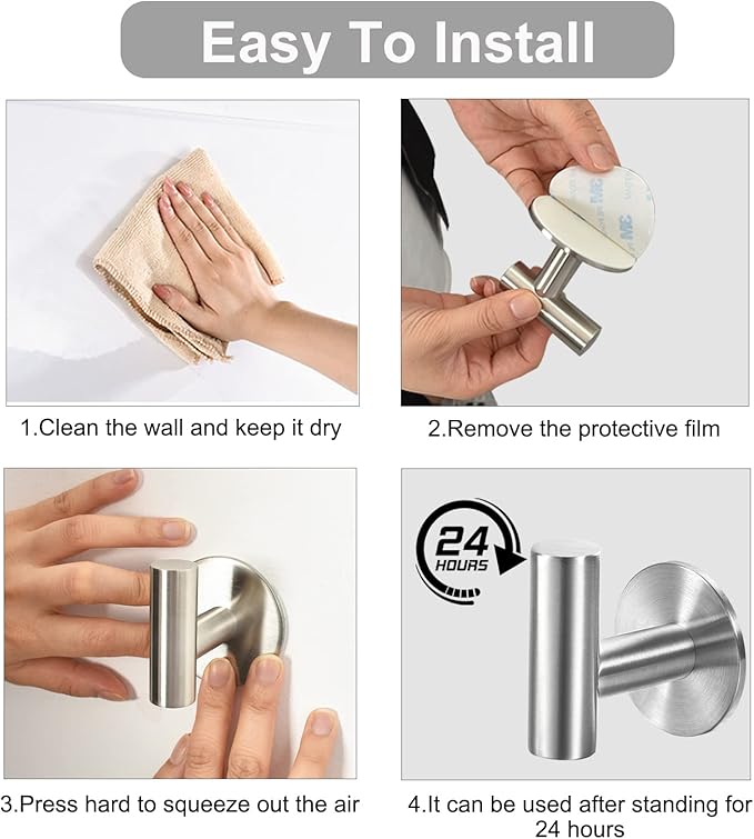 Adhesive Hooks Brushed Nickel SUS304 Stainless Steel Towel 4 Pack