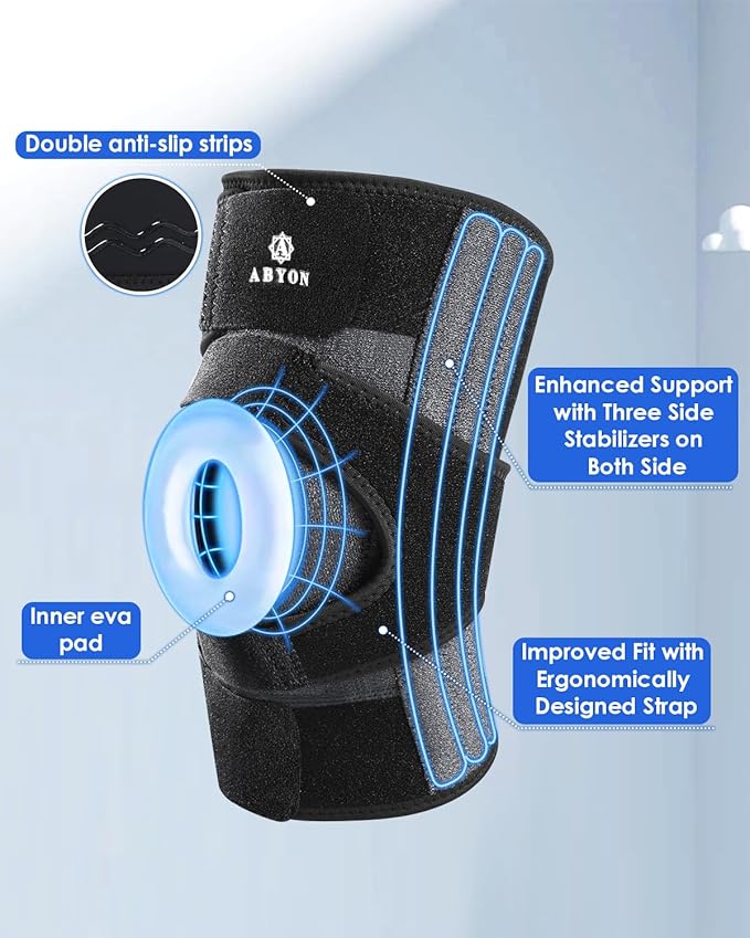 ABYON Knee Brace for Women & Men Meniscus Tear, ACL, Arthritis, Knee Support with Triple Side Stabilizers and Adjustable 360° Wraparound Strap for Maximum Knee Pain Support and Fast Recovery - Please Check How To Size Video
