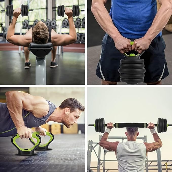 Adjustable Dumbbell and Kettlebell Set, 4 in 1, 44lbs/66lbs/88lbs Weight Used as Kettlebells, Barbell, Push up Stand for Home Gym, Green and Black, Round Head