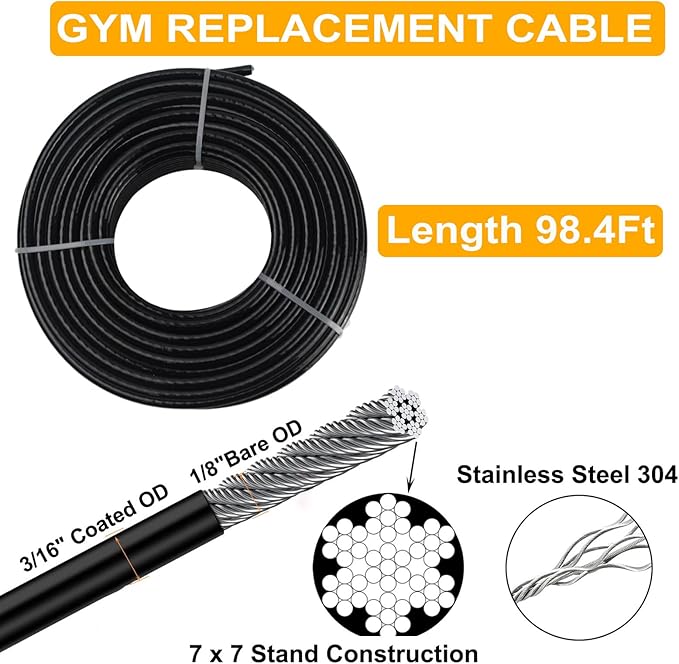 32.8Ft/98.4Ft Fitness Pulley Cable,Replacement Cable Machine Accessories for DIY Home Gym, Gym Cable Replacement,PVC Coated,Thick 3/16"(5mm)