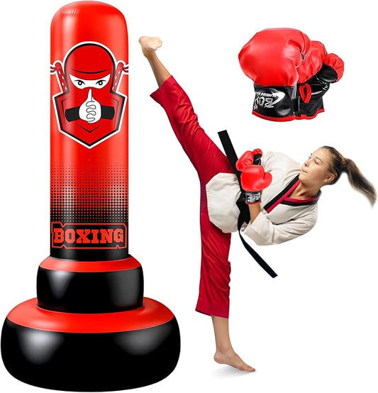 66 Inch Inflatable Kids Punching Bag with Boxing Gloves, Freestanding Boxing Bag, Stand Kids Punching Bag Toy, Bounce-Back Bag Gifts for Kids, Girls, Boxing Set for Practicing Karate, Taekwondo, MMA