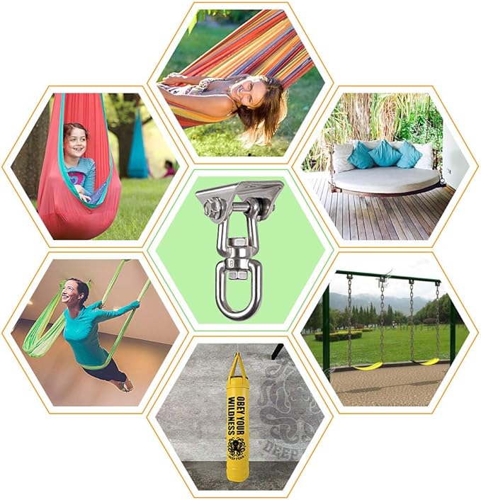 Heavy Duty 360° Swivel Swing Hanger, Stainless Steel Hammock Hook for Ceiling Wooden Porch Swing Hanging kit Playground Gym Rope Boxing Bag Hammock Chair Yoga Mount 1000 lb Capacity