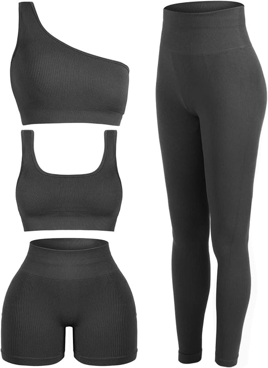 4 Pcs Women's Workout Sets Pilates Exercise Outfit Ribbed Scoop Neck Sports Bra Shorts Leggings Gym Clothes Set