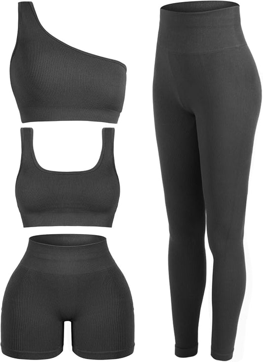 4 Pcs Women's Workout Sets Pilates Exercise Outfit Ribbed Scoop Neck Sports Bra Shorts Leggings Gym Clothes Set