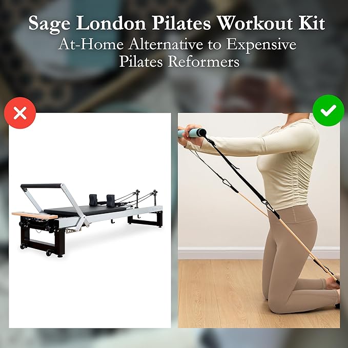 3-in-1 Pilates Workout Kit by Sage London - Premium Bamboo Slant Board, Pilates Bar Kit with Resistance Bands & 54 Exercise Cards for Home Workouts, Calf Stretcher, Squats, and Pilates Training