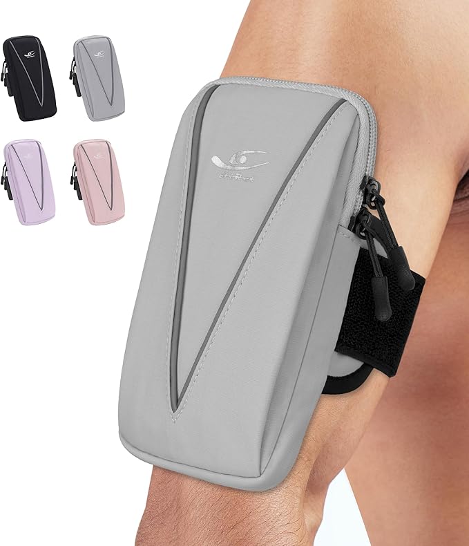 HiRui Cell Phone Holder Arm Bag & Wrist Bag for Phone, Sports Running Armband for Gym & Cycling, Compatible with iPhone 16/16Pro/Plus/15/14 Samsung Galaxy All Phones, Reflective & Adjustable (Gray)