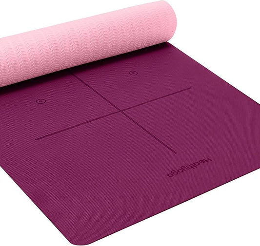 Heathyoga Eco Friendly Non Slip Yoga Mat, Body Alignment System, SGS Certified TPE Material - Textured Non Slip Surface and Optimal Cushioning,72"x 26" Thickness 1/4"