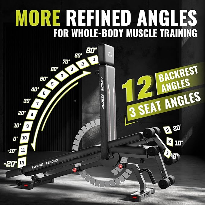 FLYBIRD Adjustable Weight Bench, Vertical Storage Space-Saving Workout Bench, 1200lbs Capacity Strength Training Bench with Detachable Headrest and Leg Support for Home Gym