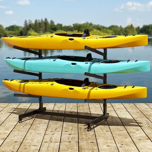 Heavy Duty Freestanding Kayak Storage Rack, Adjustable Metal Stand for Kayaks, Canoes, SUPs, Paddleboards & Surfboards with Lockable Wheels, Indoor & Outdoor Use