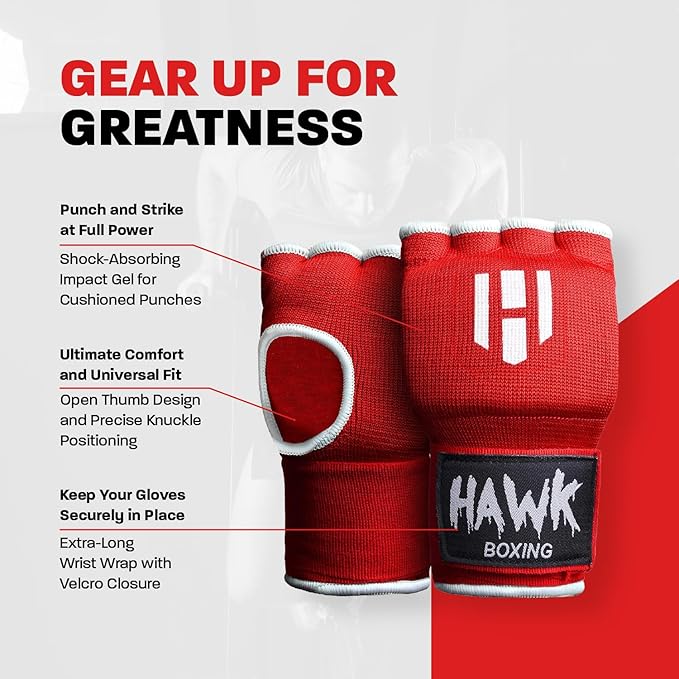 Hawk Padded Inner Gloves Training Gel Elastic Hand Wraps for Boxing Gloves Quick Wraps Men & Women Kickboxing Muay Thai MMA Bandages Fist Knuckle Wrist Wrap Protector Handwraps (Pair)