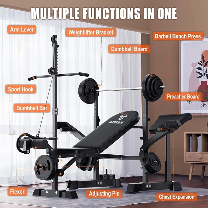 Adjustable Weight Bench - 8 in 1 Multi-Function Bench Press Set Full Body Strength Training Workout Equipment with Leg Developer, Chest Fly, Preacher Curl Pad for Home Gym