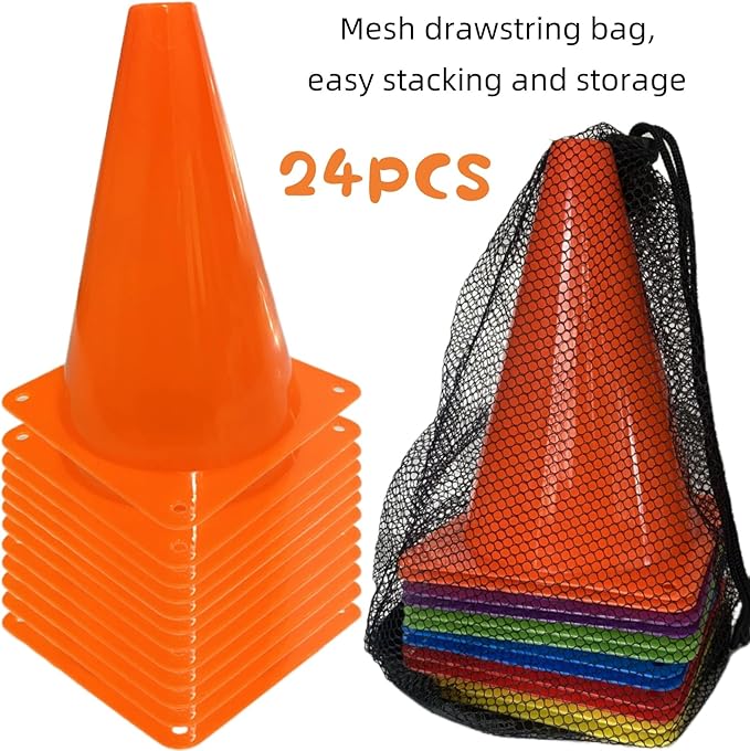 24 Pcs 7 Inch Plastic Traffic Cones, Basketball Football Drills, Skating, Sport Training Agility Markers, Indoor Outdoor Games, Multicolor