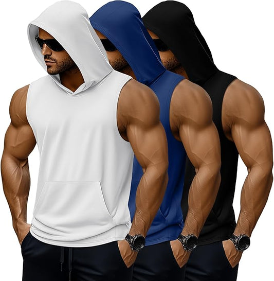3 Pack Men's Big & Tall Workout Hooded Tank Tops, Cotton Sleeveless Gym Hoodies Bodybuilding Muscle Cut Off Shirts