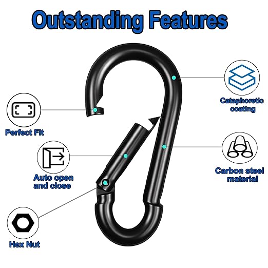 200PCS M6 Black Carabiner Clip,2.36Inch Bulk Snap Hook Quick Link Small Carabiner Clips,Spring Link Buckle for Fishing Camping Hammock Dog Leashes-270LBS Holding Capacity