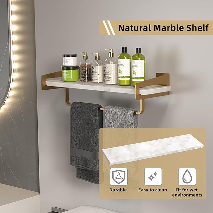 Marble Bathroom Shelf with Towel Bar 16" Metal