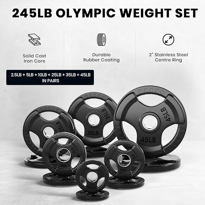 LIONSCOOL 2-Inch Rubber Olympic Grip Weight Plates (2.5-45LB), One