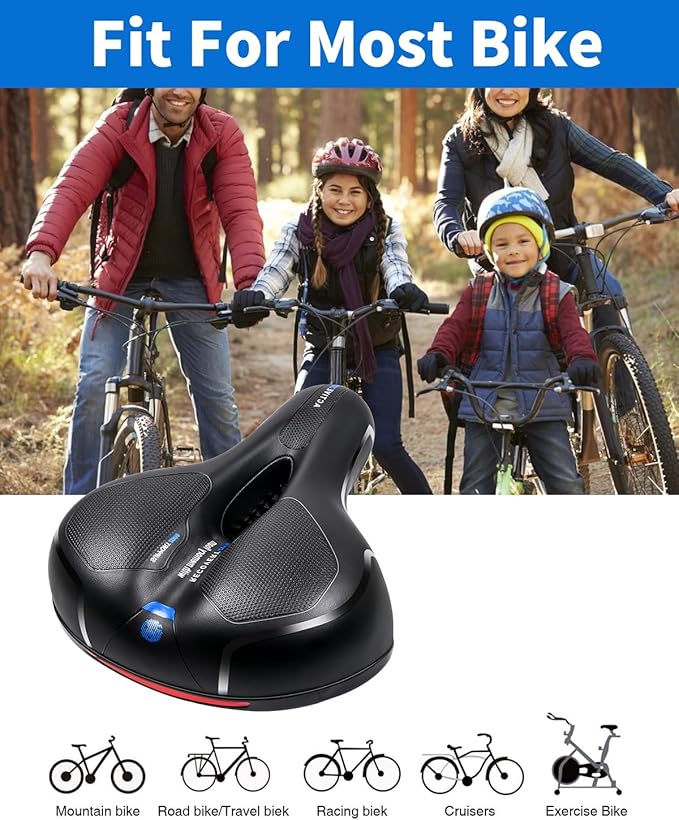 MSDADA Comfortable Bike Seat Cushion - Wide Bicycle Seat Comfort for Men Women with Dual Shock Absorption - Memory Foam Padding, Waterproof Bike Saddle for Stationary, Exercise, Mountain, Road Bikes