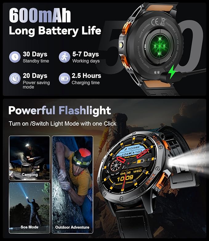 LIGE GPS Military Smart Watch for Men, LED Flashlight/Compass/45 Days Battery/IP68 Waterproof 1.43'' AMOLED Smartwatch, 100+ Sports Modes Fitness Smart Watch, Rugged Smart Watches for Android iOS