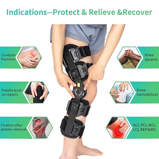 Hinged ROM Knee Brace, Post Op Knee Brace for Recovery Stabilization, ACL, MCL and PCL Injury, Adjustable Medical Orthopedic Support Stabilizer After Surgery, Women and Men,Left and Right Leg