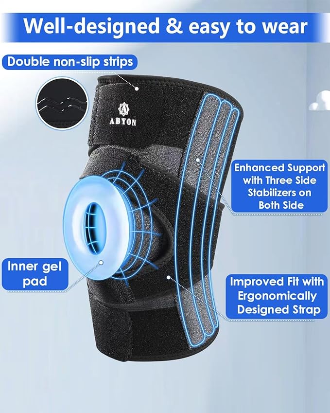 ABYON Knee Brace for Women & Men Meniscus Tear, ACL, Arthritis, Knee Support with Triple Side Stabilizers and Adjustable 360° Wraparound Strap for Maximum Knee Pain Support and Fast Recovery - Please Check How To Size Video