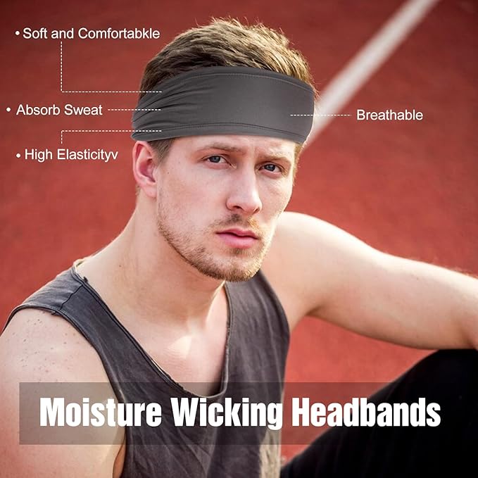 Headbands for Men, 6 Pack Mens Headband Sports Sweatbands, Moisture Wicking Hair Bands for Running, Cycling, Basketball, Yoga, Fitness, Workout Sweat Hairband for Women Men