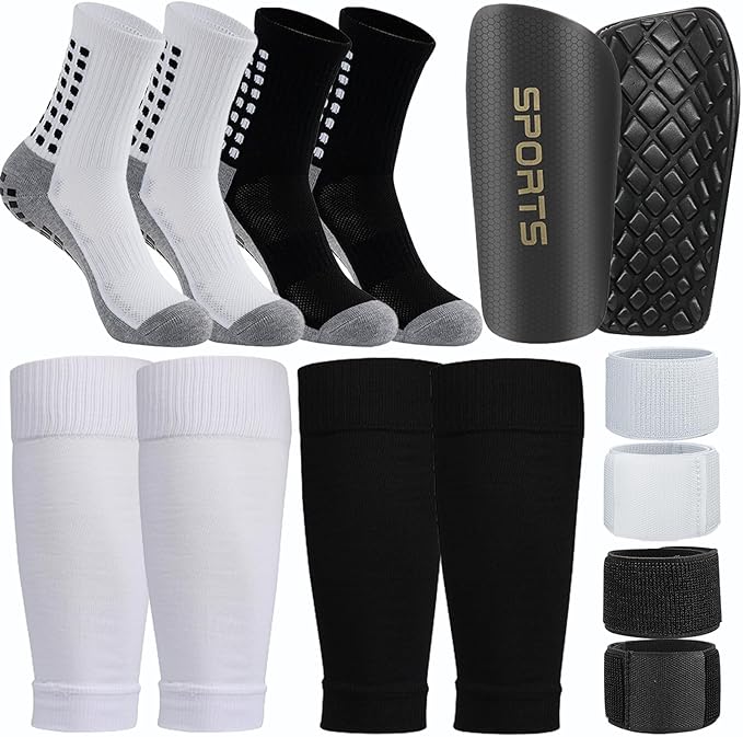 2 Pair Kids Grip Soccer Socks and 2 Pair Shin Guard Sleeves,1 Pack Shin Guards and 4 Shin Straps for Soccer Football Sports