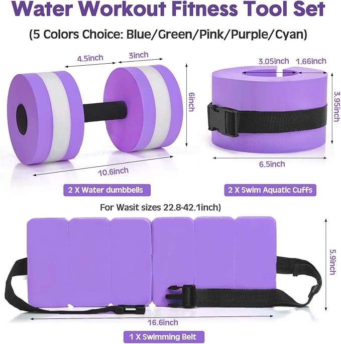 5 Pcs Aquatic Exercise Set Including 2 Ankle Swimming Weights 2 Lightweight Aquatic Exercise Dumbbells and Swim Belt Pool Exercise Equipment for Aquatic Aerobics Exercise