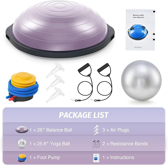 ZELUS 25in. Balance Ball | 660lb Inflatable Half Exercise Ball Wobble Board Balance Trainer w Nonslip Base | Half Yoga Ball Strength Training Equipment w 2 Bands, Pump, Extra Ball Included