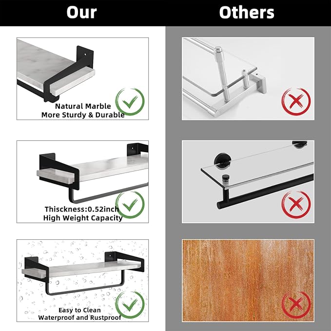 Marble Bathroom Shelf with Towel Bar 16" Metal