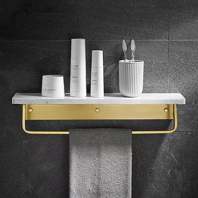 Marble Bathroom Wall Shelf with Towel Bar 16" Modern