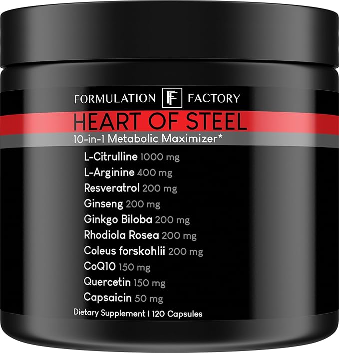 Heart of Steel: 10-in-1 Metabolic Maximizer Nitric Oxide Supplement, Blood Pressure Support, L Arginine, L Citrulline Natural Pre-Workout: Energy Management 120 Count