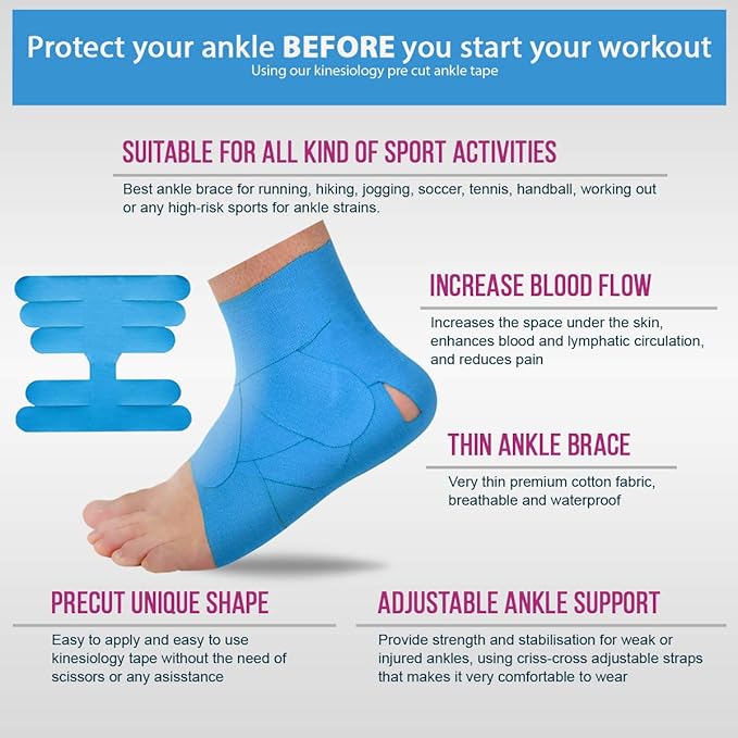 M7 Sport Kinesiology Ankle Tape for Ankle Sprain and Injury Recovery, Pain Relief Therapeutic Tape, Ankle Brace Compression Support, Plantar Fasciitis, Waterproof, Eases Swelling (Blue, 4-Pack)
