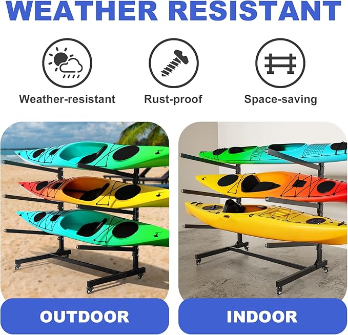Heavy Duty Freestanding Kayak Storage Rack, Adjustable Metal Stand for Kayaks, Canoes, SUPs, Paddleboards & Surfboards with Lockable Wheels, Indoor & Outdoor Use