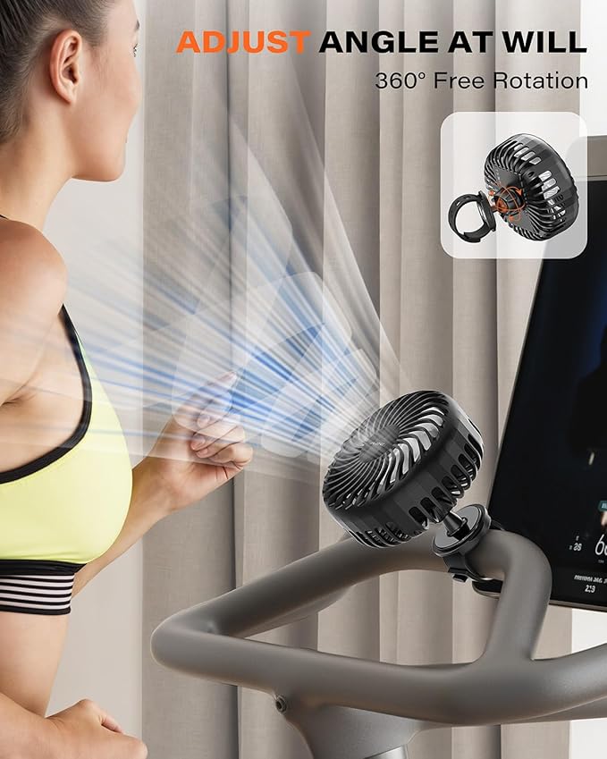 A2C Rechargeable Fan for Peloton Bike & Exercise Bike - 4000mAh Portable Fan with Adjustable Strap, 3 Speed Settings, 360° Rotation - Fits 0.5-1.5" Handlebars for Treadmill, Stroller, Golf Cart, Gym