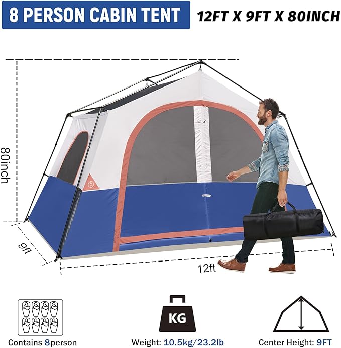 HIKERGARDEN 8 Person Camping Tent - Portable Family Traveling-12'x9'x80in(H)