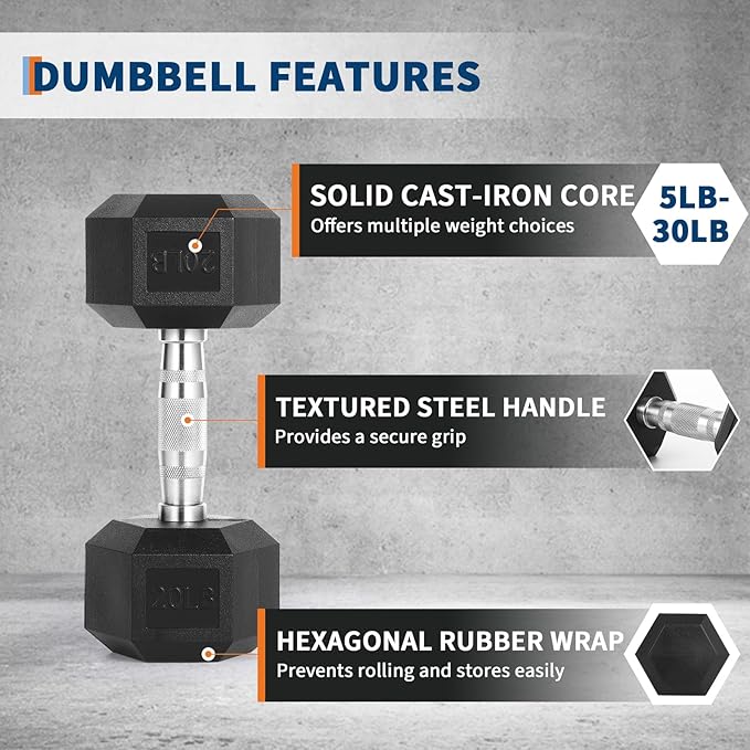 60 LB-100 LB Hex Dumbbells Set, 5-30 LB Rubber Coated Hex Dumbbell Weights Set for Strength Training, Exercise & Fitness Dumbbells, 60 LBS (5x2+10x2+15x2), 100 LBS (20x2+30x2), Black