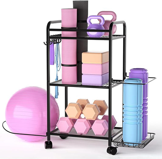 Highpro Home Gym storage Rack - Gym Equipment Storage Rack for Yoga Mat Yoga Ball Dumbbells Kettlebells Foam Roller Yoga Strap and Resistance Bands Workout Equipment Organizer