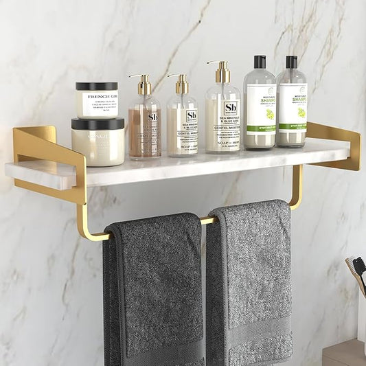 Marble Bathroom Shelf with Towel Bar 16" Metal