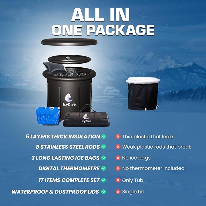17-Piece XL Portable Ice Bath Tub for Adults -105 Gal 5-Layer Cold Plunge Tub with Water Chiller Included & Thermometer, Inflatable Ice Bath Tub w/ 400L Capacity, Athletes Indoor/Outdoor Recovery