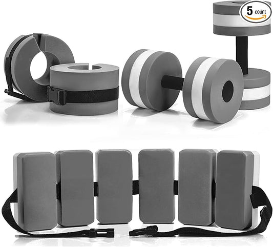 5 Pcs Aquatic Exercise Set Including 2 Ankle Swimming Weights 2 Lightweight Aquatic Exercise Dumbbells and Swim Belt Pool Exercise Equipment for Aquatic Aerobics Exercise