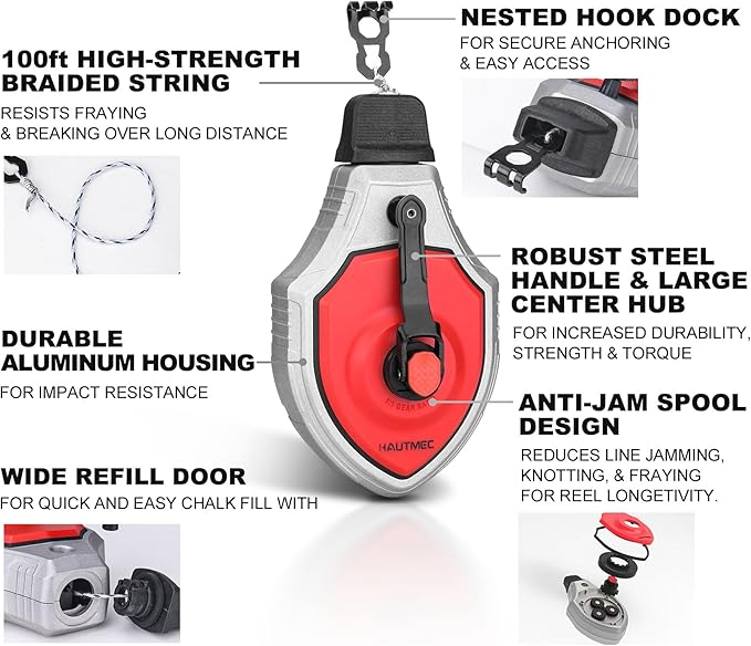 HAUTMEC Pro Chalk Line, 30m/100ft Chalk Reel with 6:1 Gear Ratio Chalk Line Tool, Chalk Box, Suitable for Carpenters and Builders, HT0356