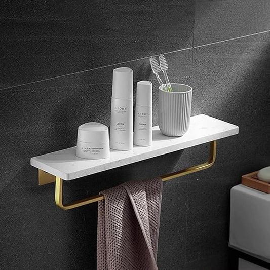 Marble Bathroom Wall Shelf with Towel Bar 16" Modern