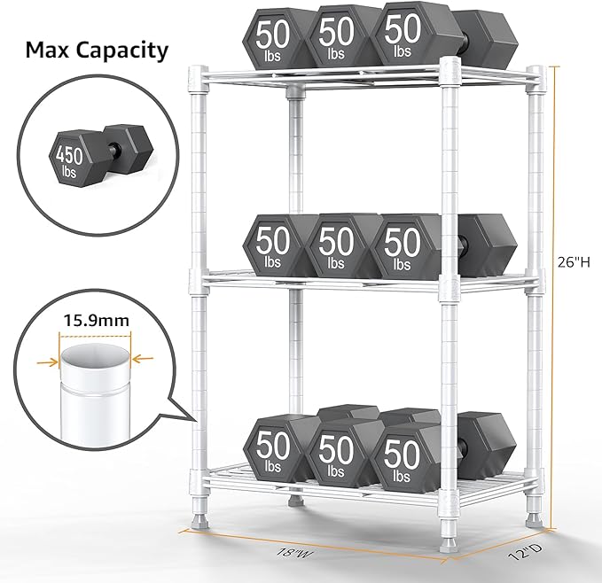 450 lbs Wire Storage Shelving 3-Tier Utility Shelving Unit Steel Organizer Wire Rack for Home,Kitchen,Office,White (11.8" D x 17.7" W x 26.3" H)