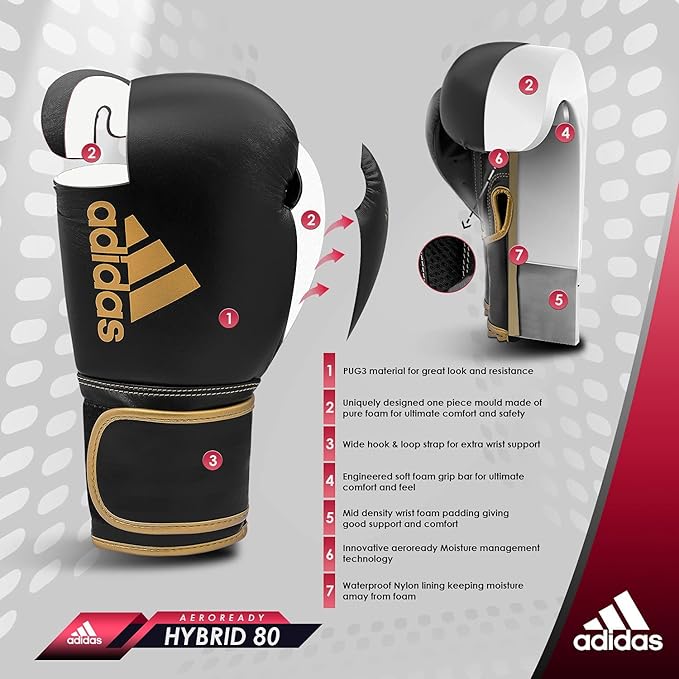 Adidas Hybrid 80 Boxing Gloves - Adult Boxing Gloves for Men & Women - Heavy Bag Gloves, Kickboxing Gloves for Women, MMA Sparring Gloves, Punching Bag Gloves for Men
