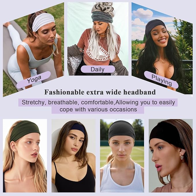 6 Pcs Wide Headbands for Women Extra Large Turban Stretch Fashion Headband Boho Hair Band Workout Running Sport Hairband Girls Accessories (Black, Coffee, Wine Red, Beige, Dark Gray, Light Gray)