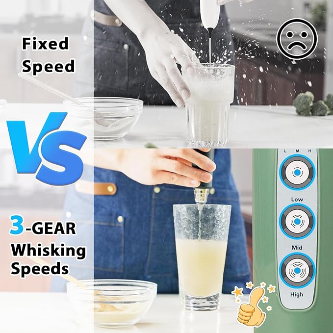 Milk Frother Rechargeable Handheld-Electric Whisk 3 Speed Adjustable, Coffee Frother Wand with 3 Stainless Whisks, Electric Foam Maker, Drink Mixer Blender for Latte Cappuccino Matcha Egg