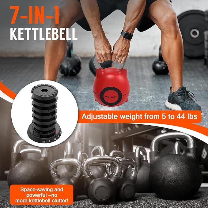 7-in-1 Adjustable Kettlebell, Quick-Adjust Kettlebell for Strength Training, 5-44 LBS Adjustable Weights for Home Gym